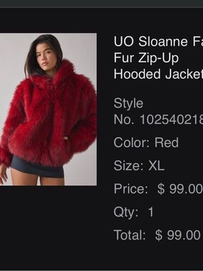 Urban Outfitters Red Faux Fur Hooded Zip-Up Jacket